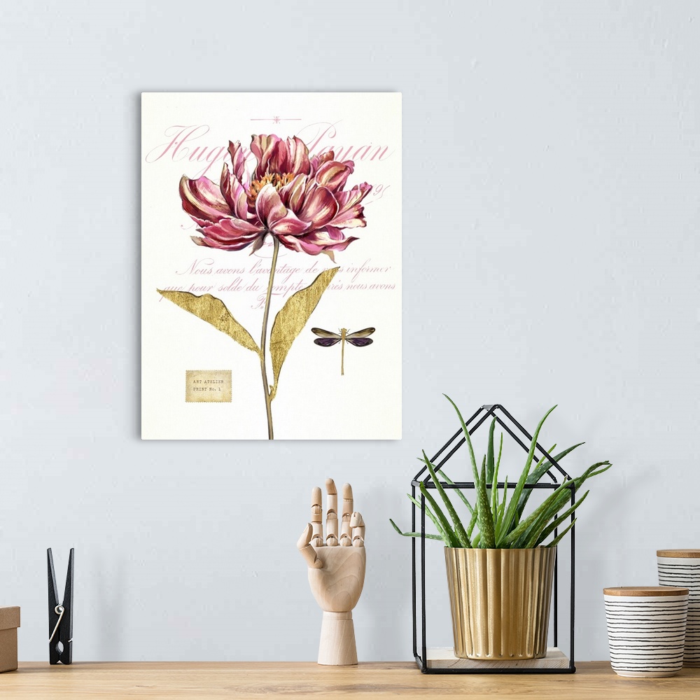 A bohemian room featuring Home decor artwork of a pink flower against a neutral background with script.