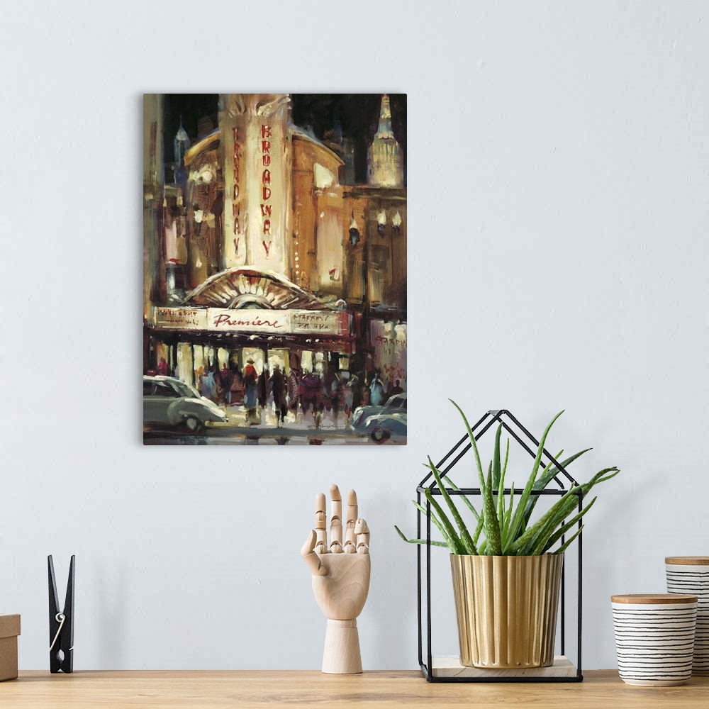 A bohemian room featuring Contemporary painting of people gathering outside of a theater for a show.