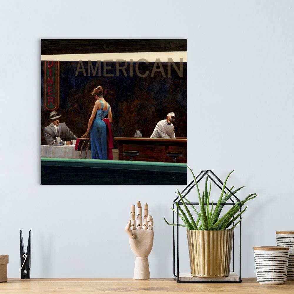 A bohemian room featuring Contemporary painting looking through the window of a diner at night, with a woman in a blue dres...