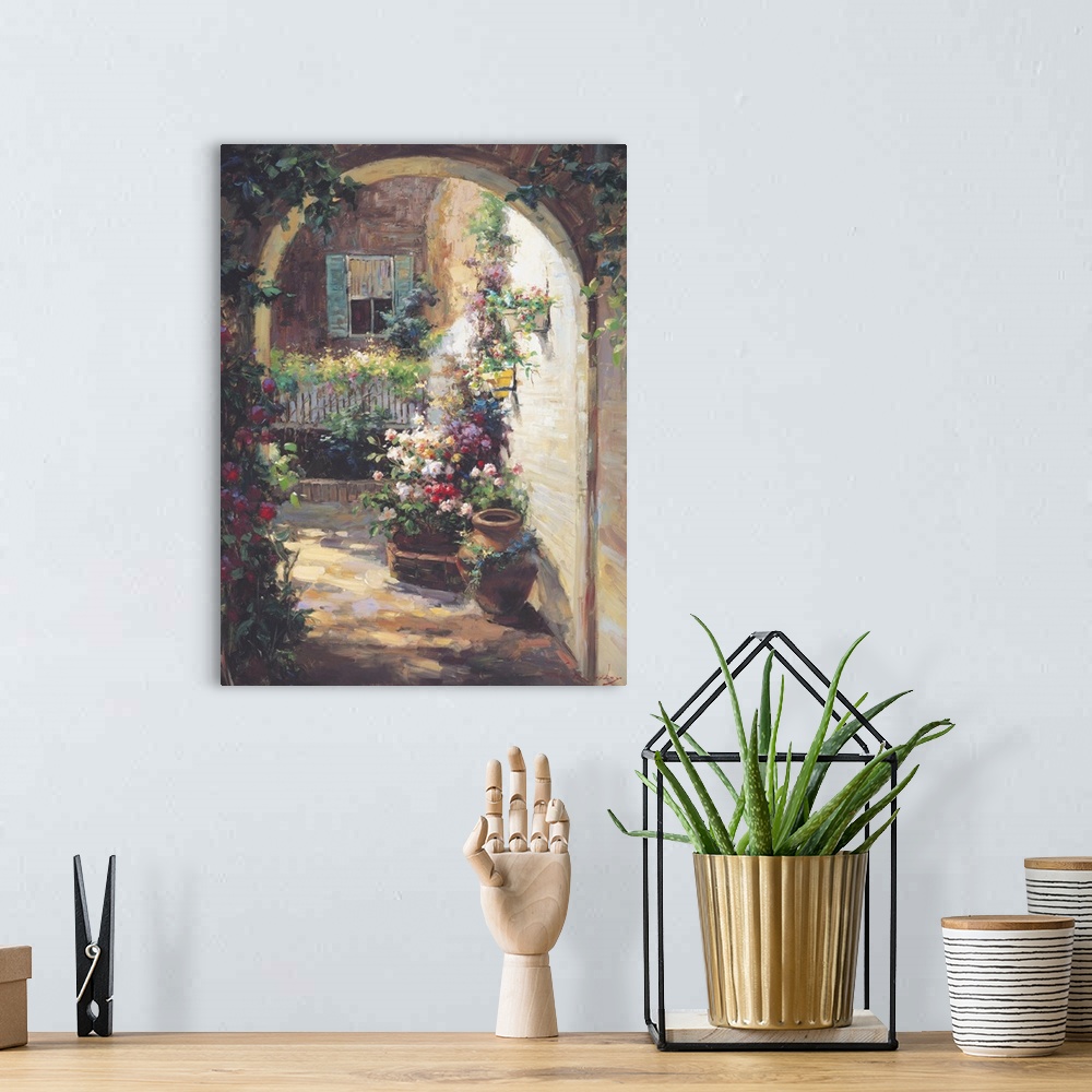 A bohemian room featuring Painting of an archway with potted flowers.