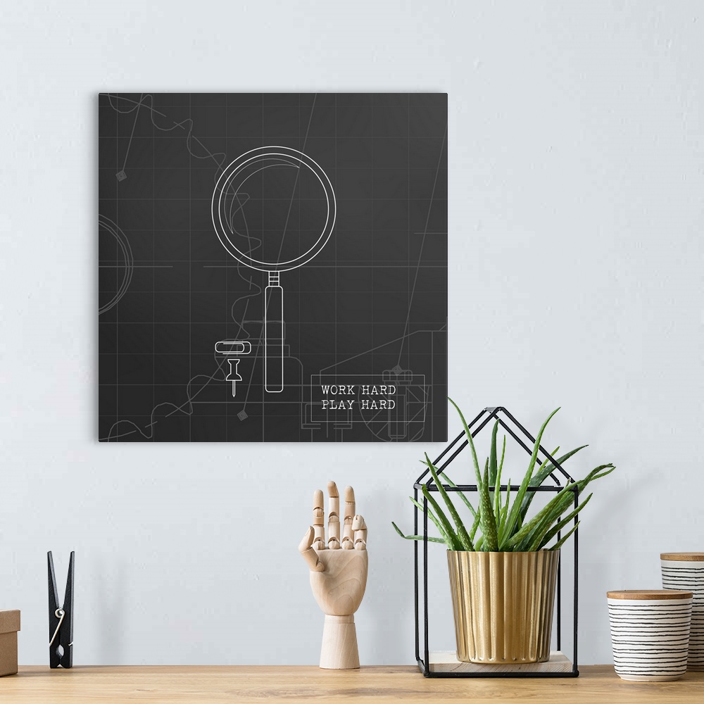 A bohemian room featuring Illustration of a magnifying glass, a tack, and a paperclip in a black and white blueprint style ...