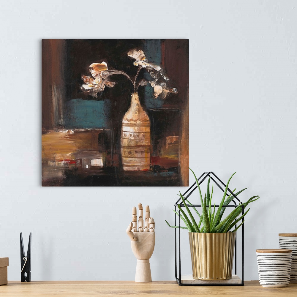 A bohemian room featuring Contemporary painting of flowers in a patterned decorative vase.