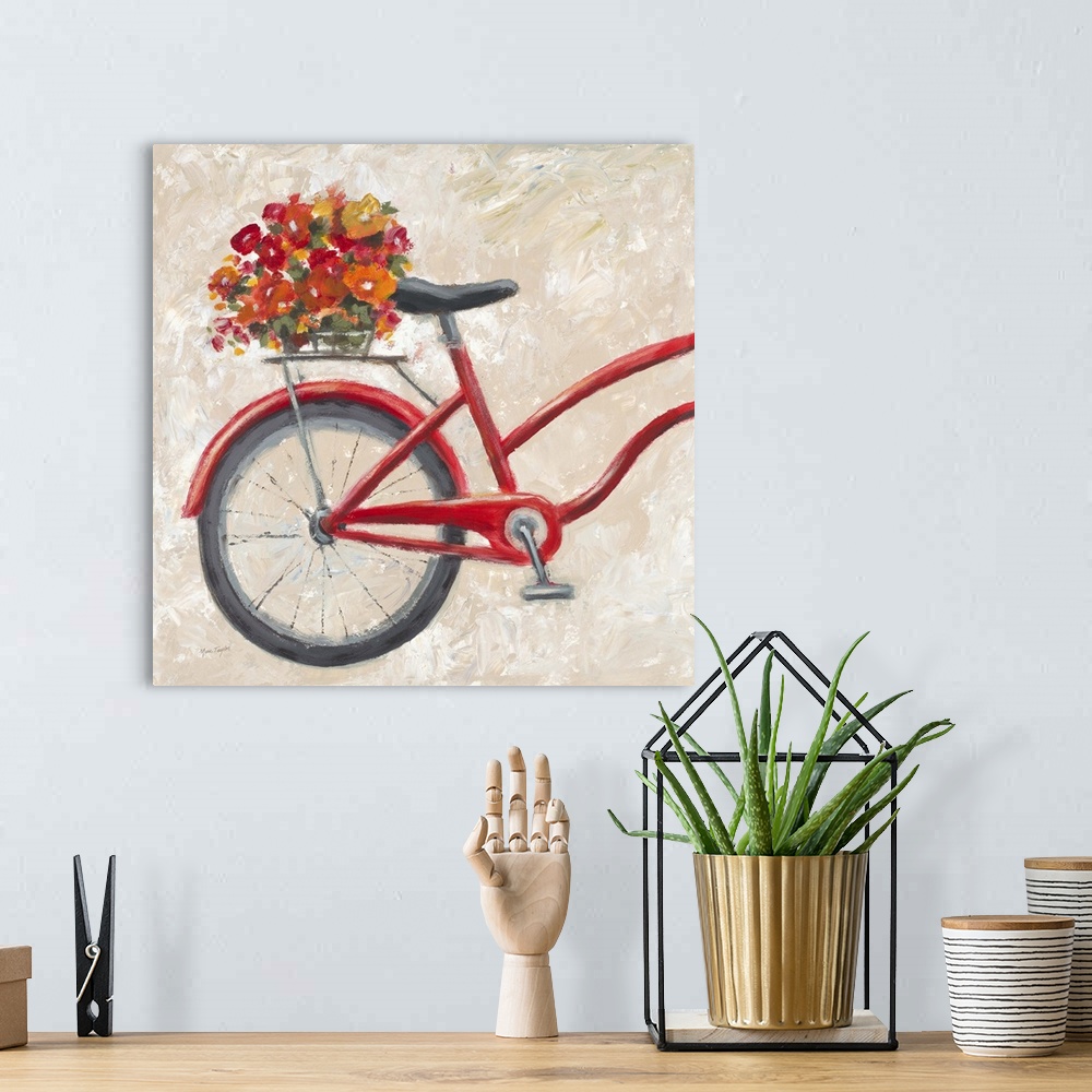 A bohemian room featuring Contemporary painting of the back end of a red bicycle with vibrant flowers in a basket behind th...
