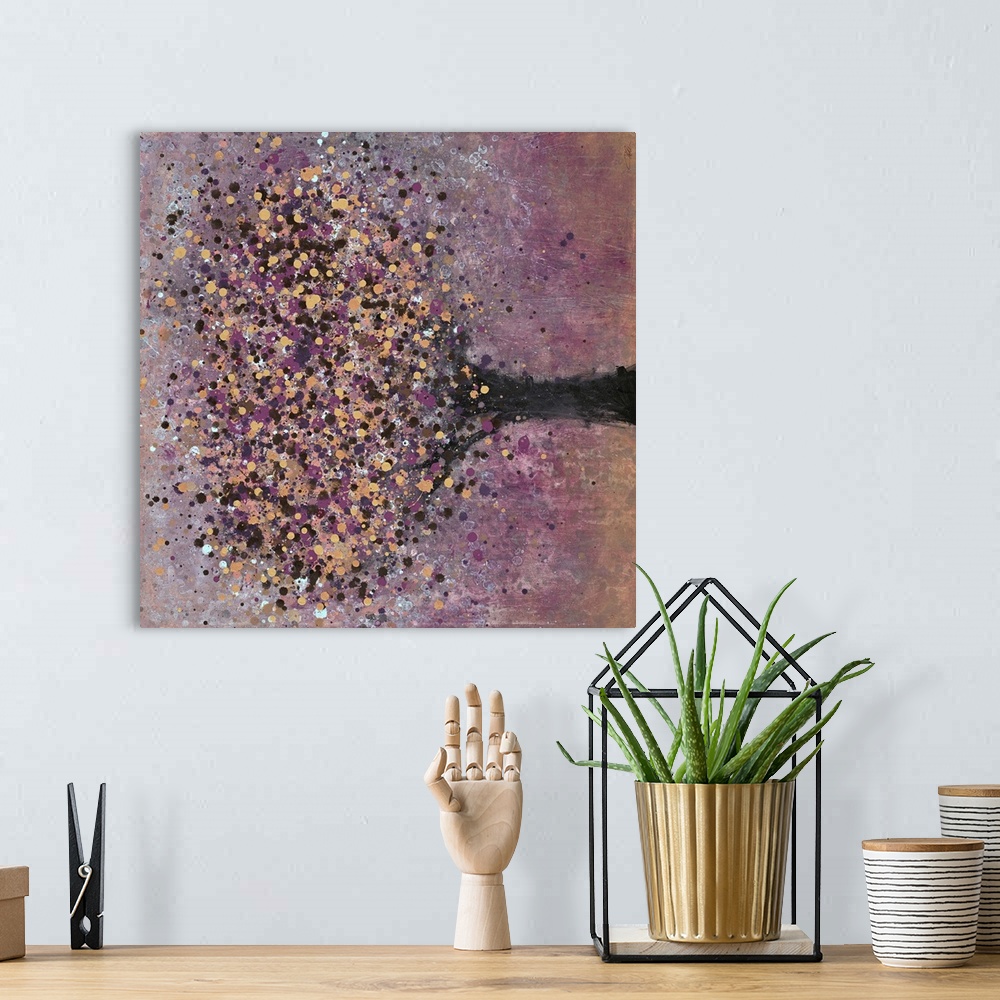 A bohemian room featuring Contemporary painting of a lone tree with copper and purple leaves.