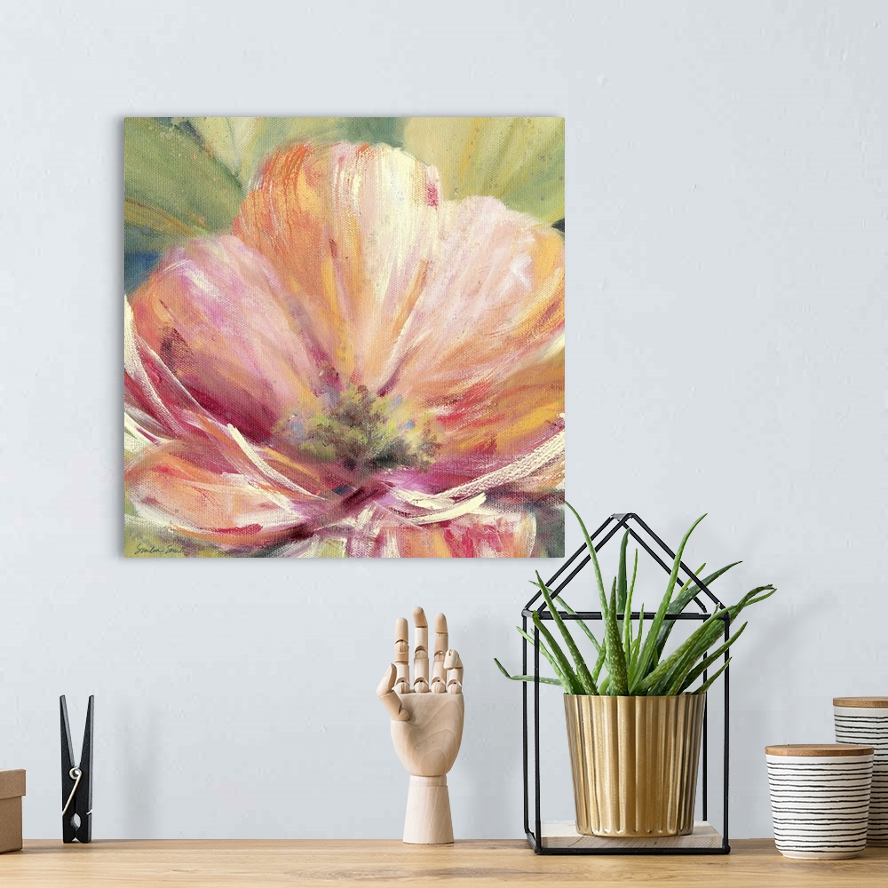 A bohemian room featuring Painting of a brightly colored tropical flower.
