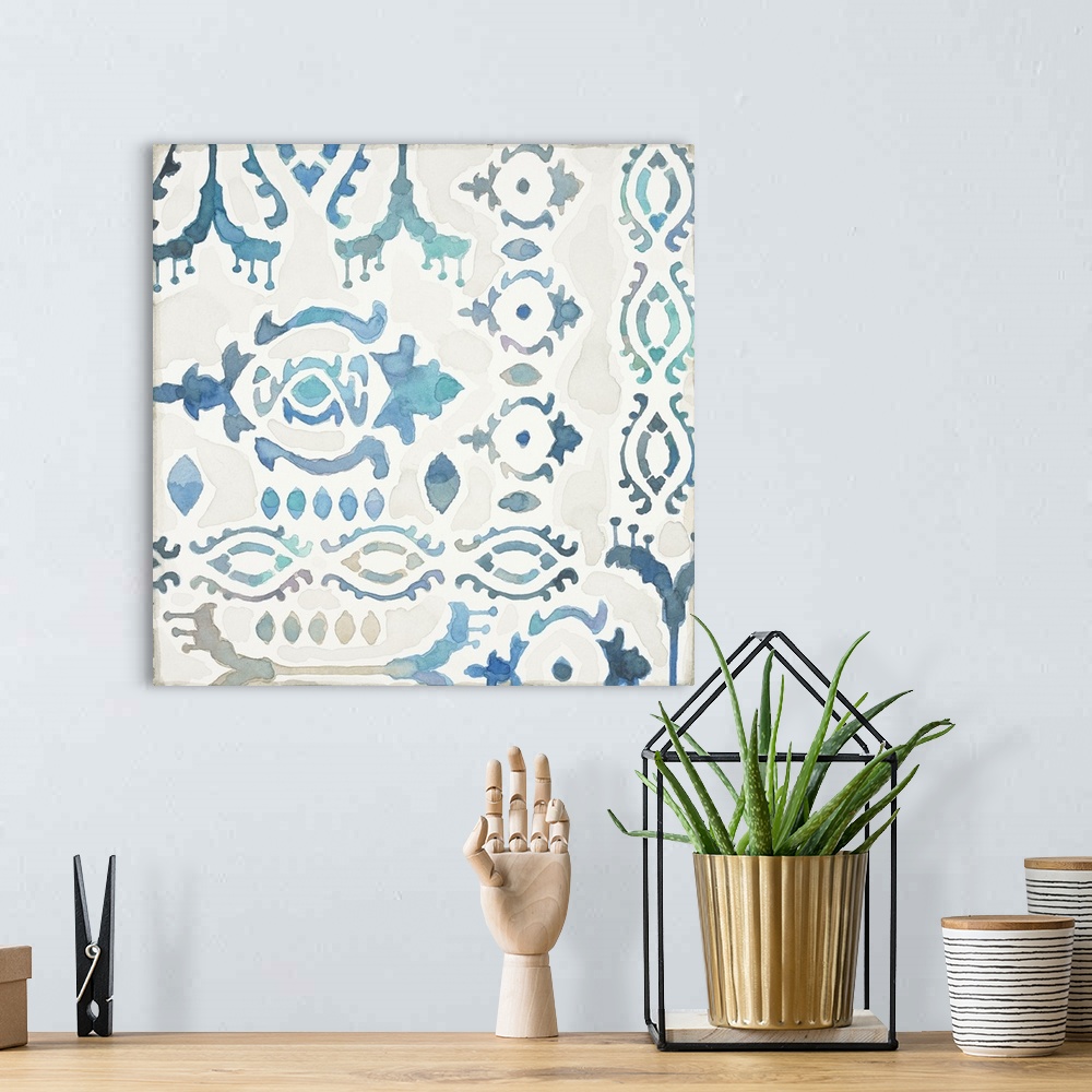 A bohemian room featuring Contemporary watercolor blue patterned tile.