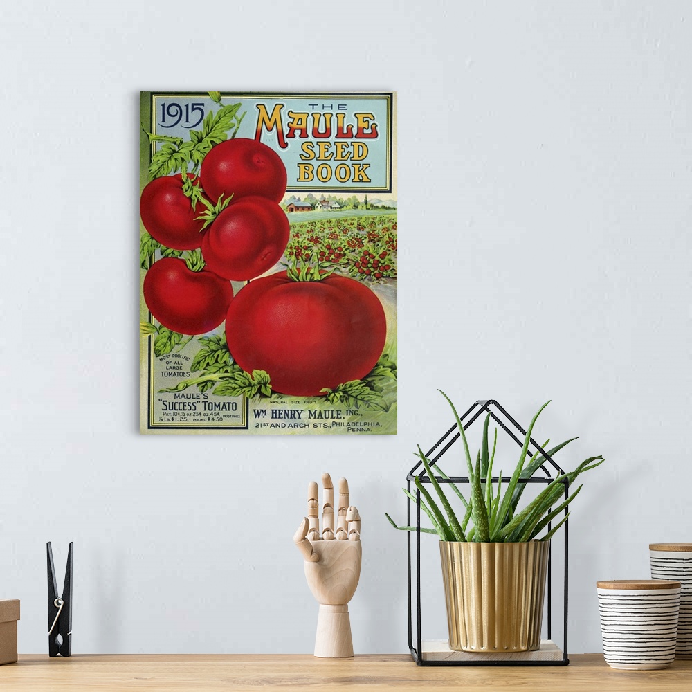 A bohemian room featuring Vintage poster advertisement for 1915 Maule Tomato.