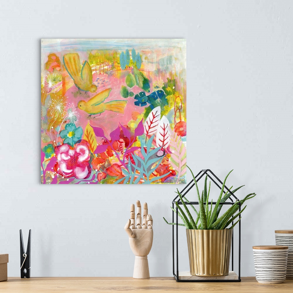 A bohemian room featuring Painting of two birds flying above brightly colored flowers.