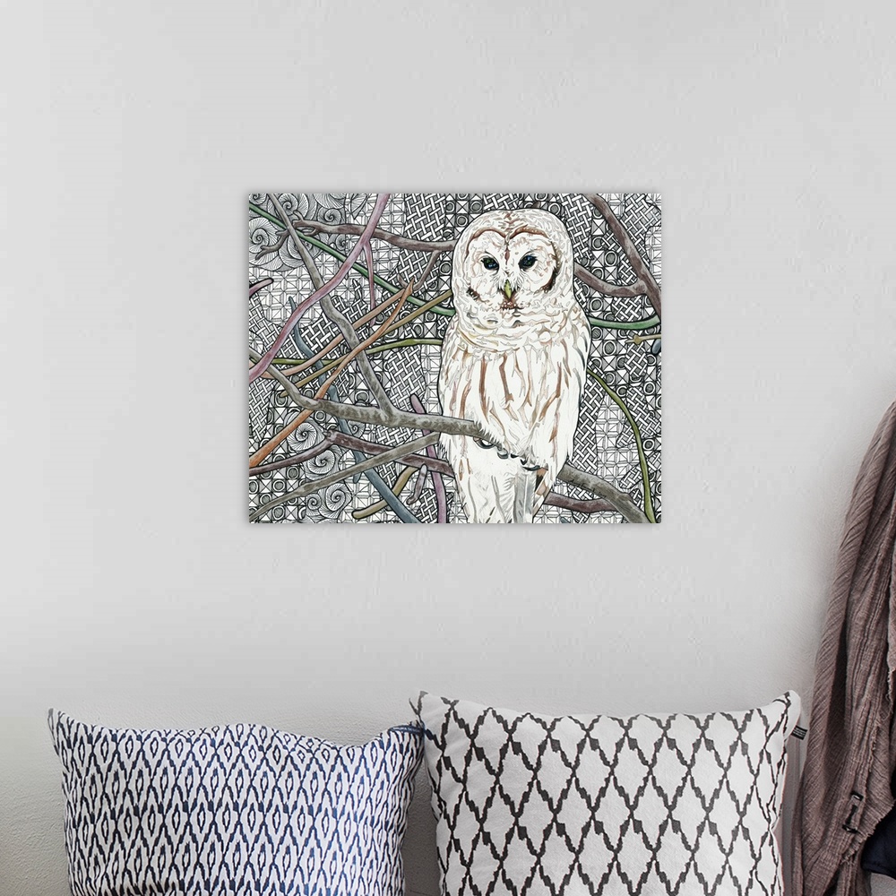 A bohemian room featuring Illustration of a white owl with brown markings on a branch with colorful branches all around and...