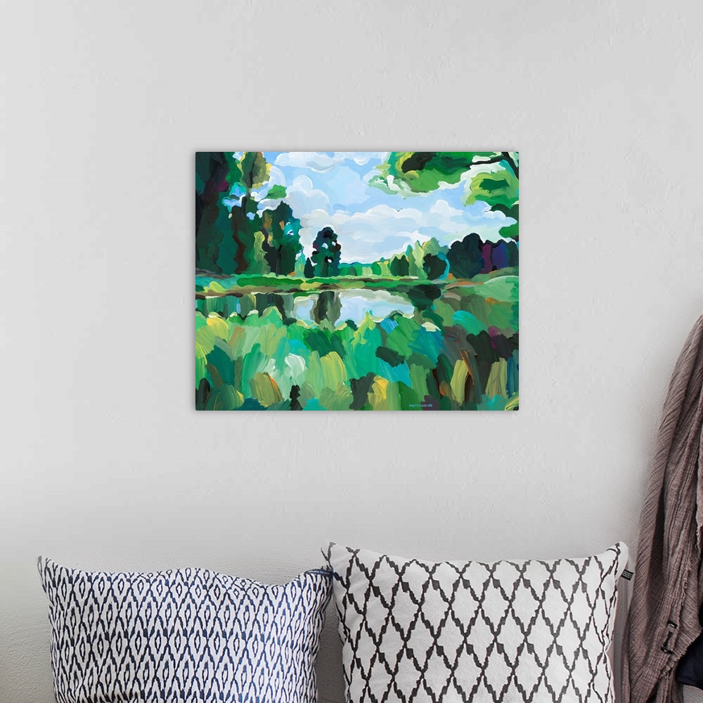 A bohemian room featuring Abstract landscape painting with trees and greenery surrounding a small pond in shades of blue, g...