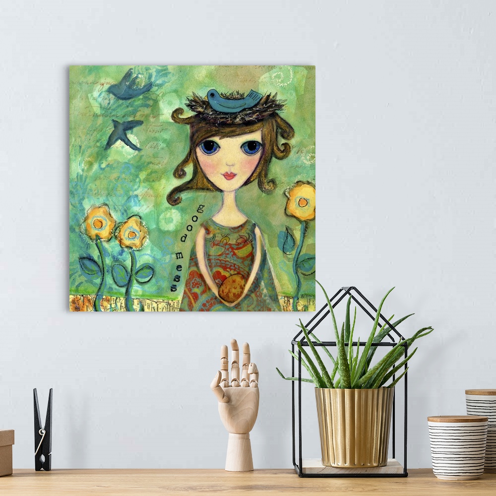A bohemian room featuring A woman with large eyes in a garden with a bird's nest on her head.