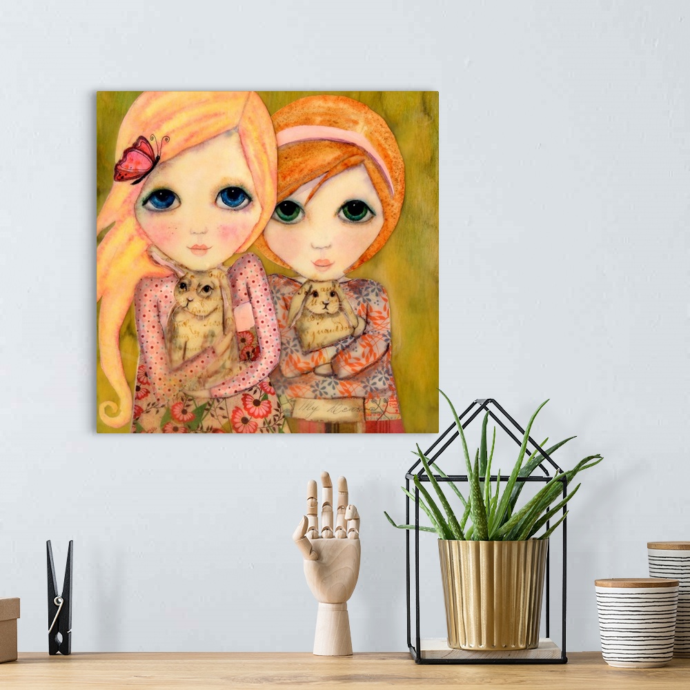 A bohemian room featuring A painting of two girls holding small rabbits.