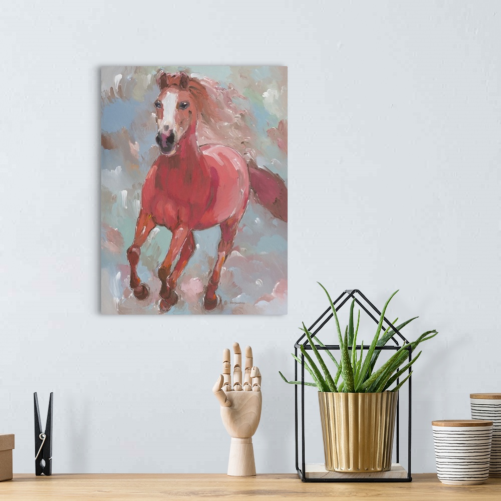 A bohemian room featuring Contemporary painting of a galloping horse made with shades of pink on a colorful pastel background.