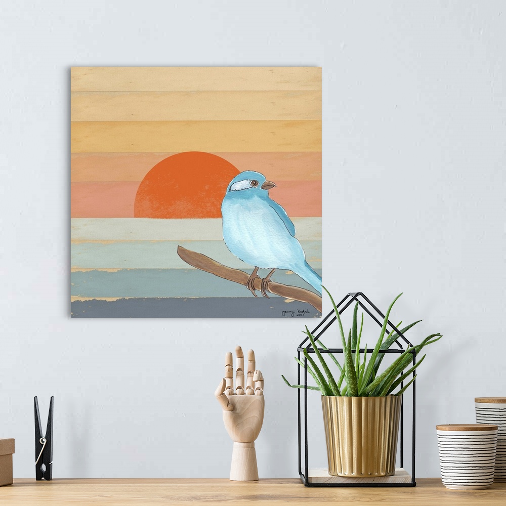 A bohemian room featuring Drawing of a bird on a striped sunset background.