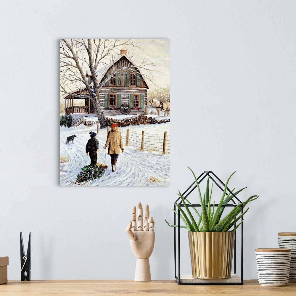 A bohemian room featuring Contemporary artwork of a mother and son dragging home a christmas tree.