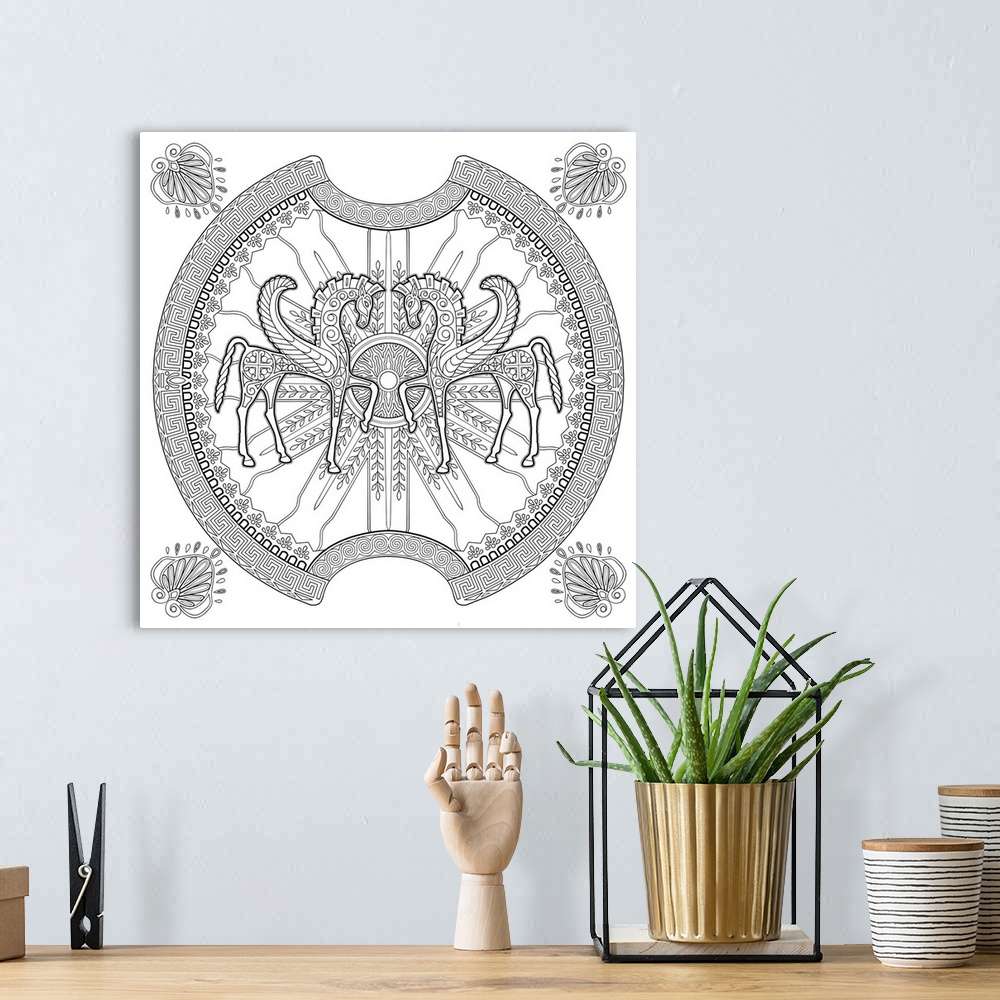 A bohemian room featuring Contemporary black and white line art with intricate designs and two Pegasus in the center.