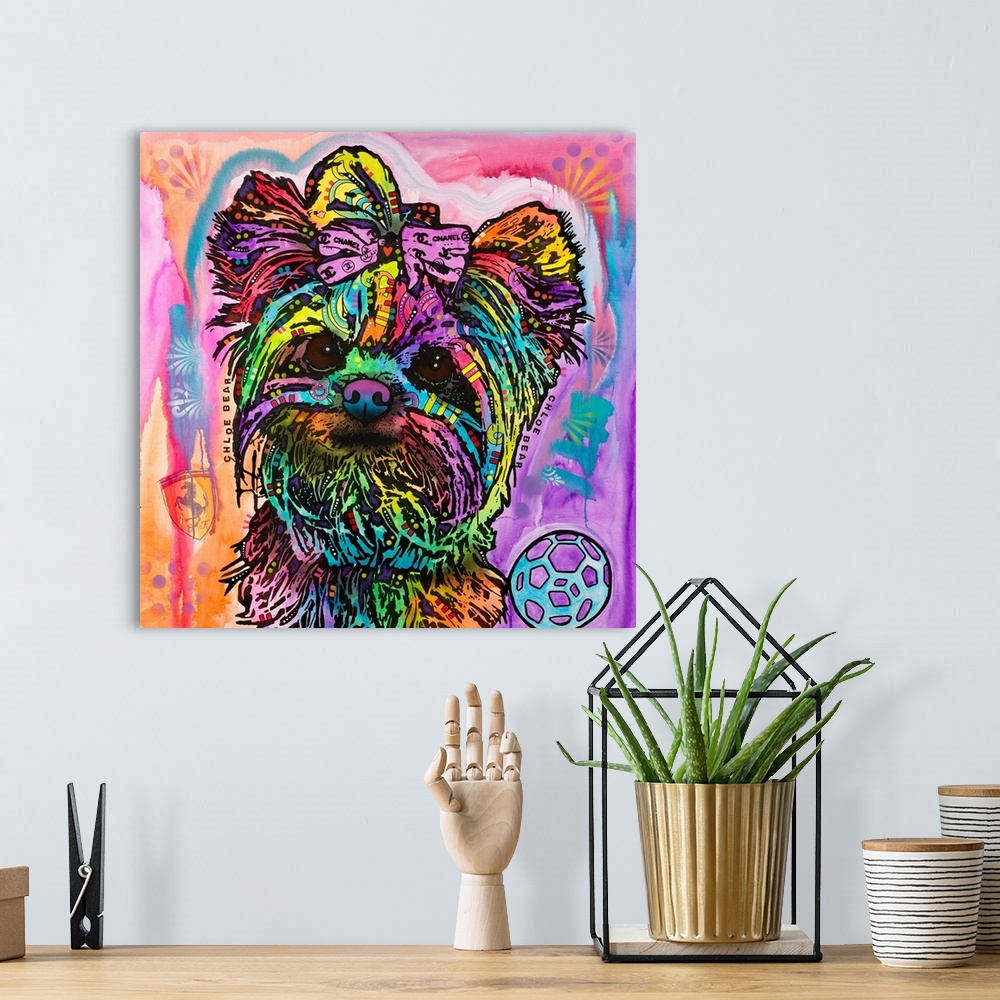 A bohemian room featuring Colorful painting of a Silky Terrier puppy wearing a Chanel bow on a vibrant background.