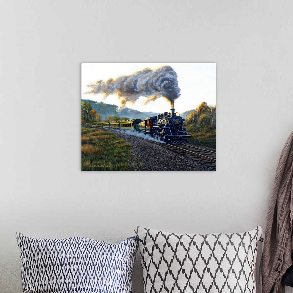 A bohemian room featuring Contemporary painting of a train steaming along the tracks through a field with trees