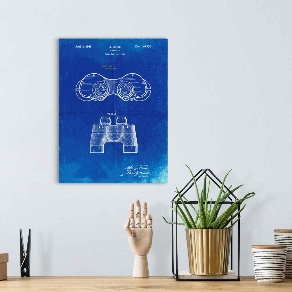 A bohemian room featuring Faded Blueprint Binoculars Patent Poster