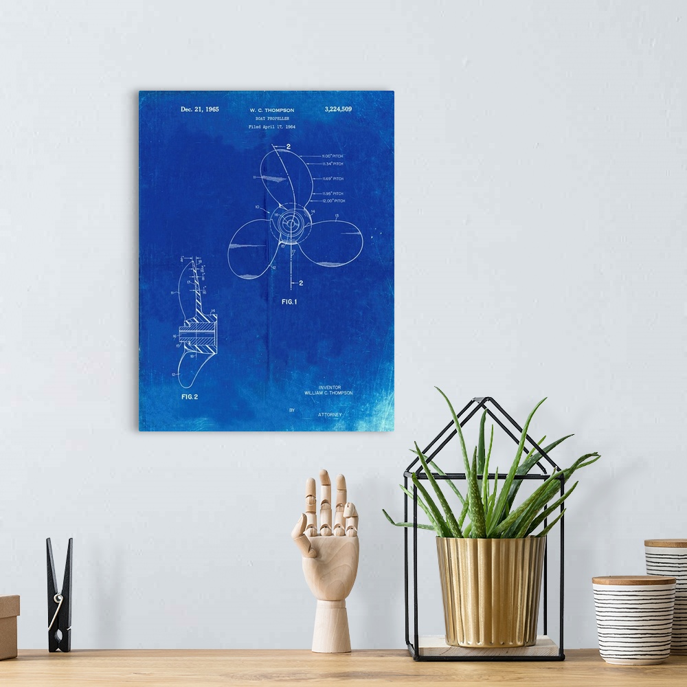 A bohemian room featuring Faded Blueprint Boat Propeller 1964 Patent Poster