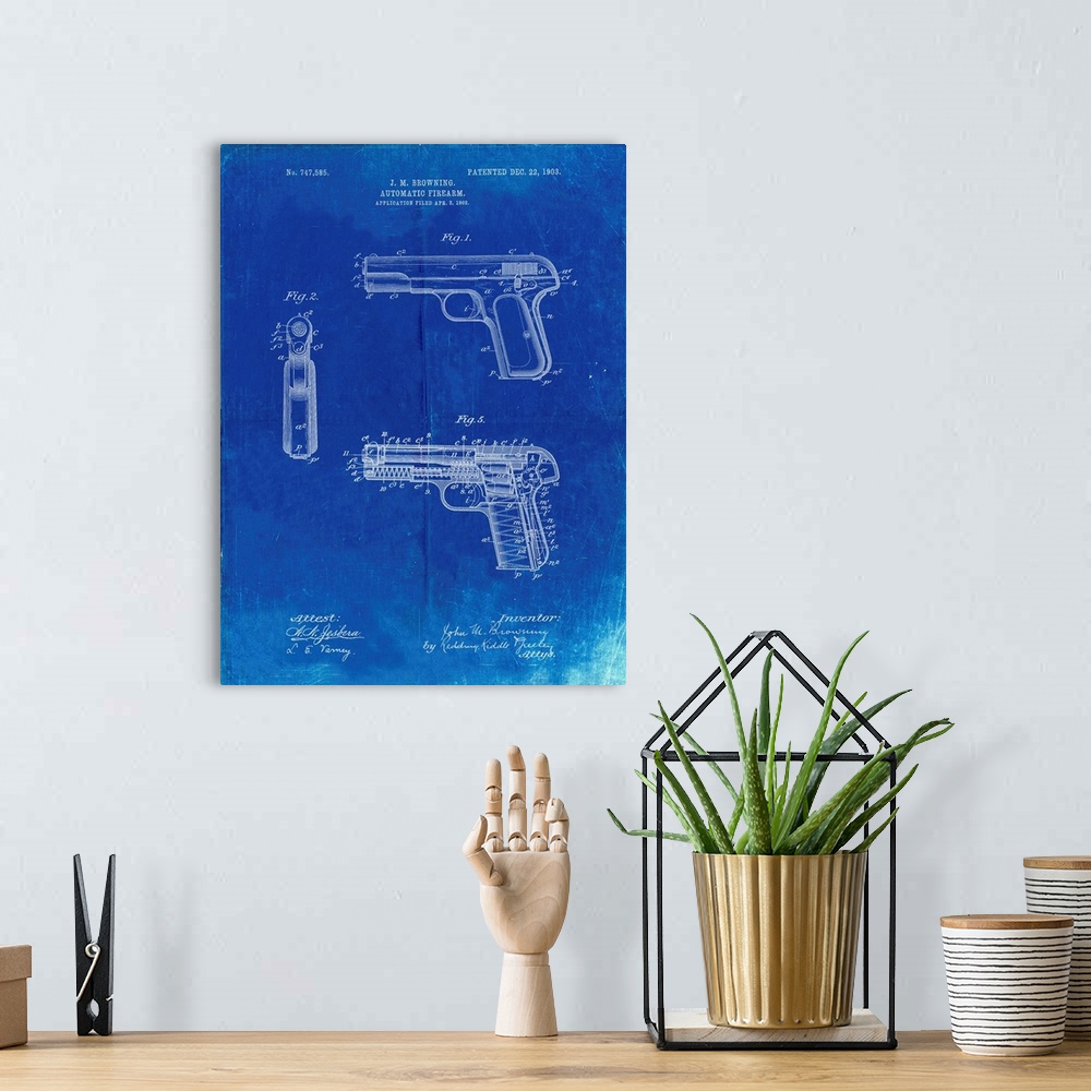 A bohemian room featuring Faded Blueprint Browning No. 2 Handgun Patent Poster