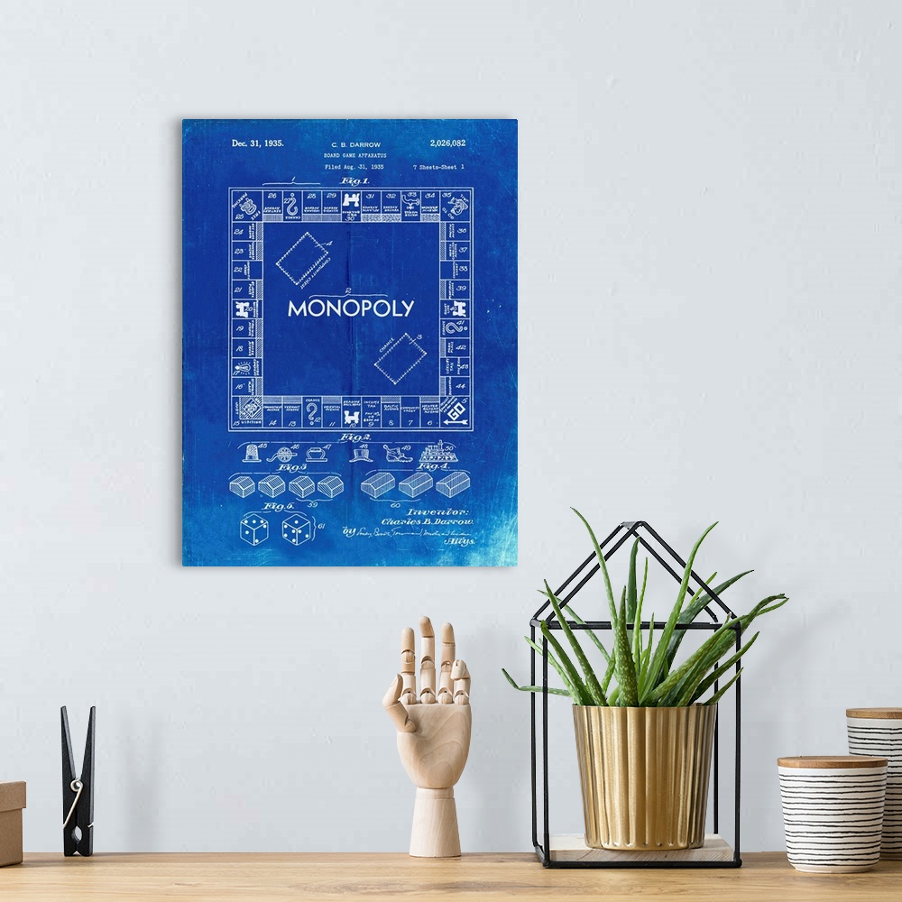 A bohemian room featuring Faded Blueprint Monopoly Patent Poster