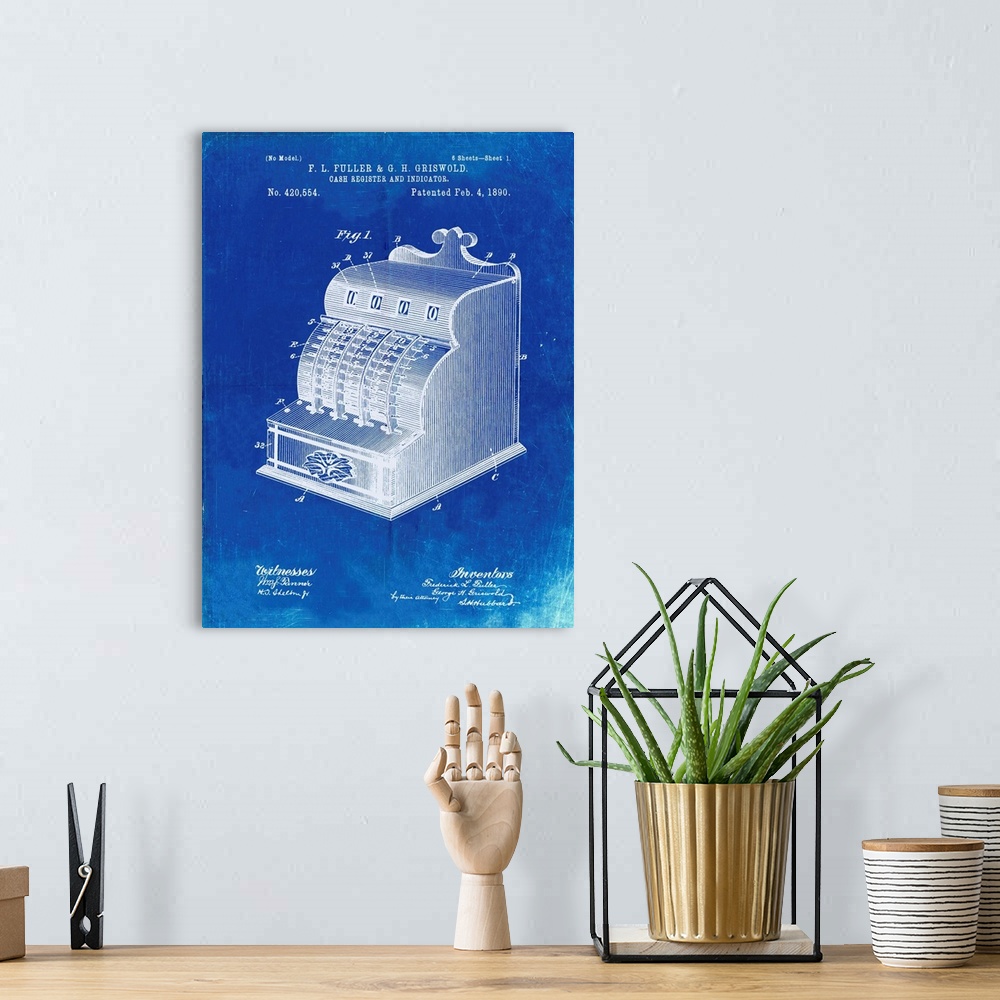 A bohemian room featuring Faded Blueprint Vintage Cash Register 1890 Patent Poster
