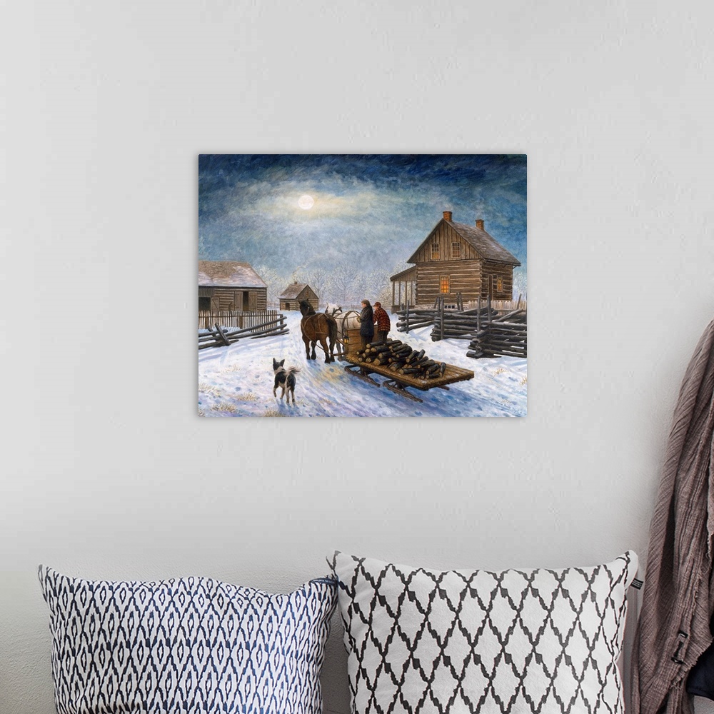A bohemian room featuring Contemporary artwork of horses pulling a sled full of logs back to the farm.