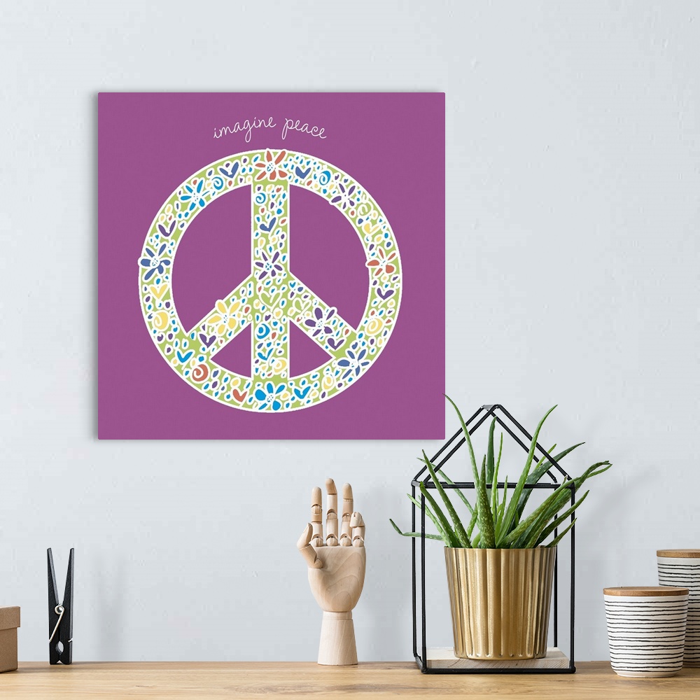 A bohemian room featuring Decorative image of a peace sign with flowers and the phrase "Give Peace A Chance."