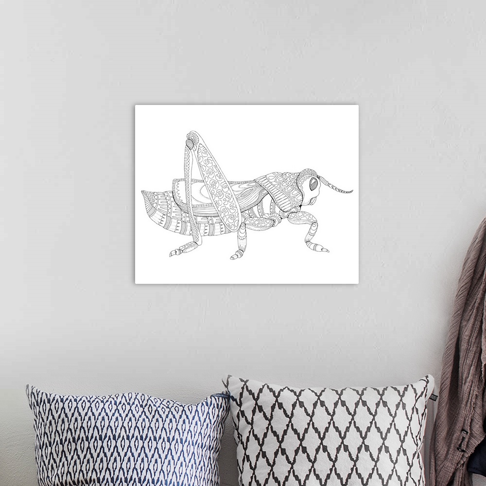 A bohemian room featuring Black and white line art of an intricately designed grasshopper.