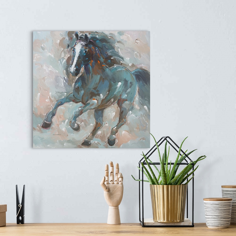 A bohemian room featuring Square painting of a cool toned horse on a colorful background with brushstrokes in every direction.