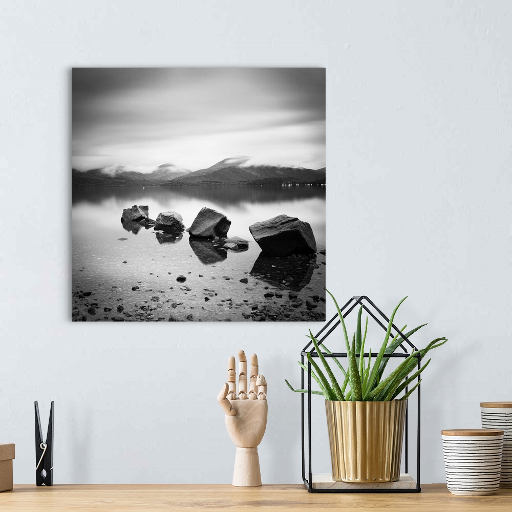 A bohemian room featuring Lomond Rocks, black and white photography