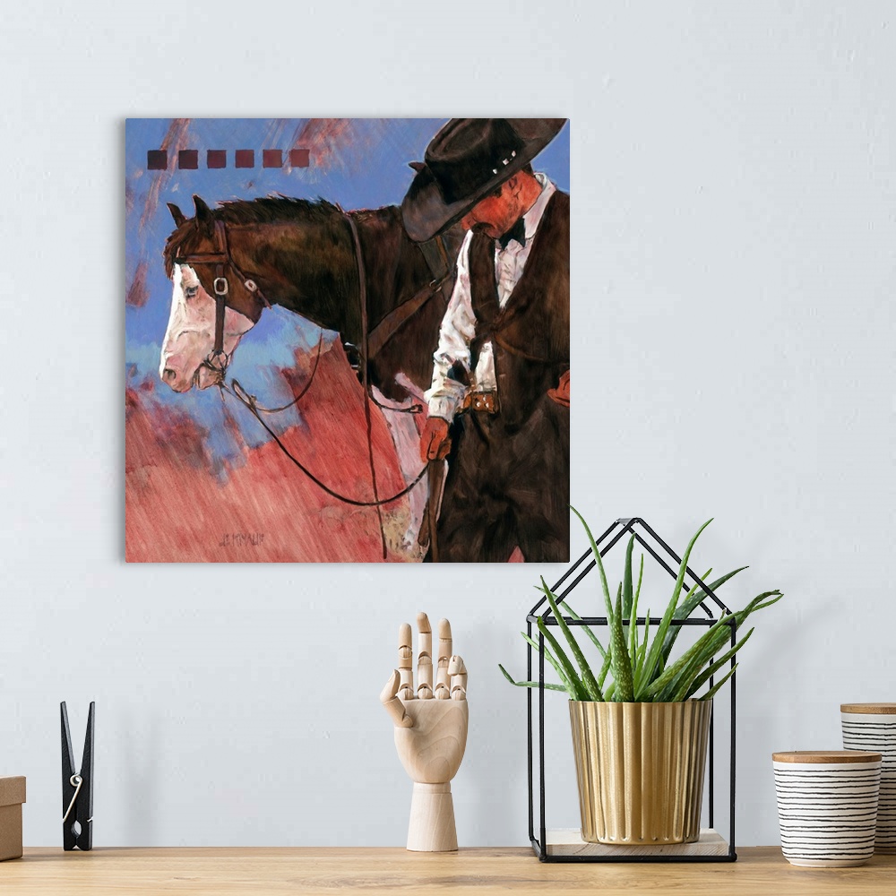 A bohemian room featuring Contemporary western theme painting of a cowboy standing beside his horse.