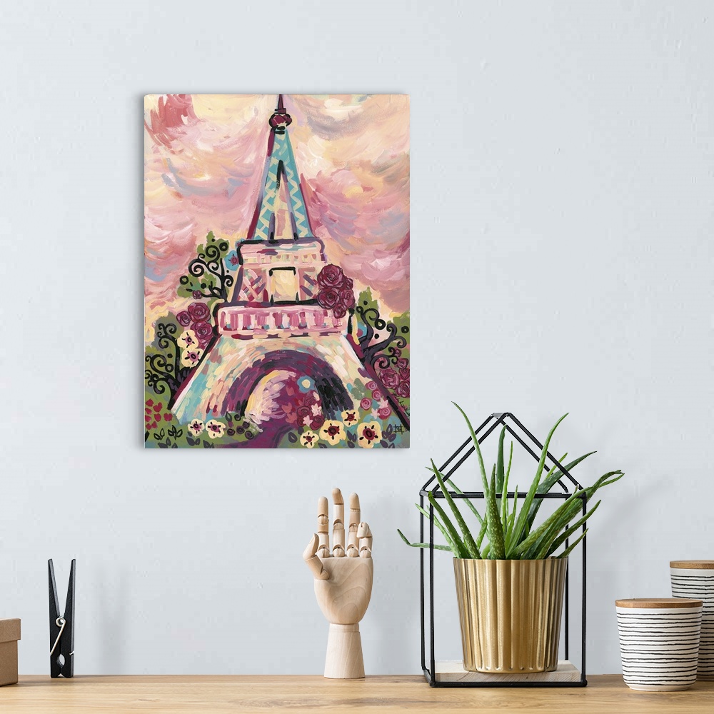 A bohemian room featuring "Light Of The City" - Contemporary painting of the Eiffel Tower in Paris.