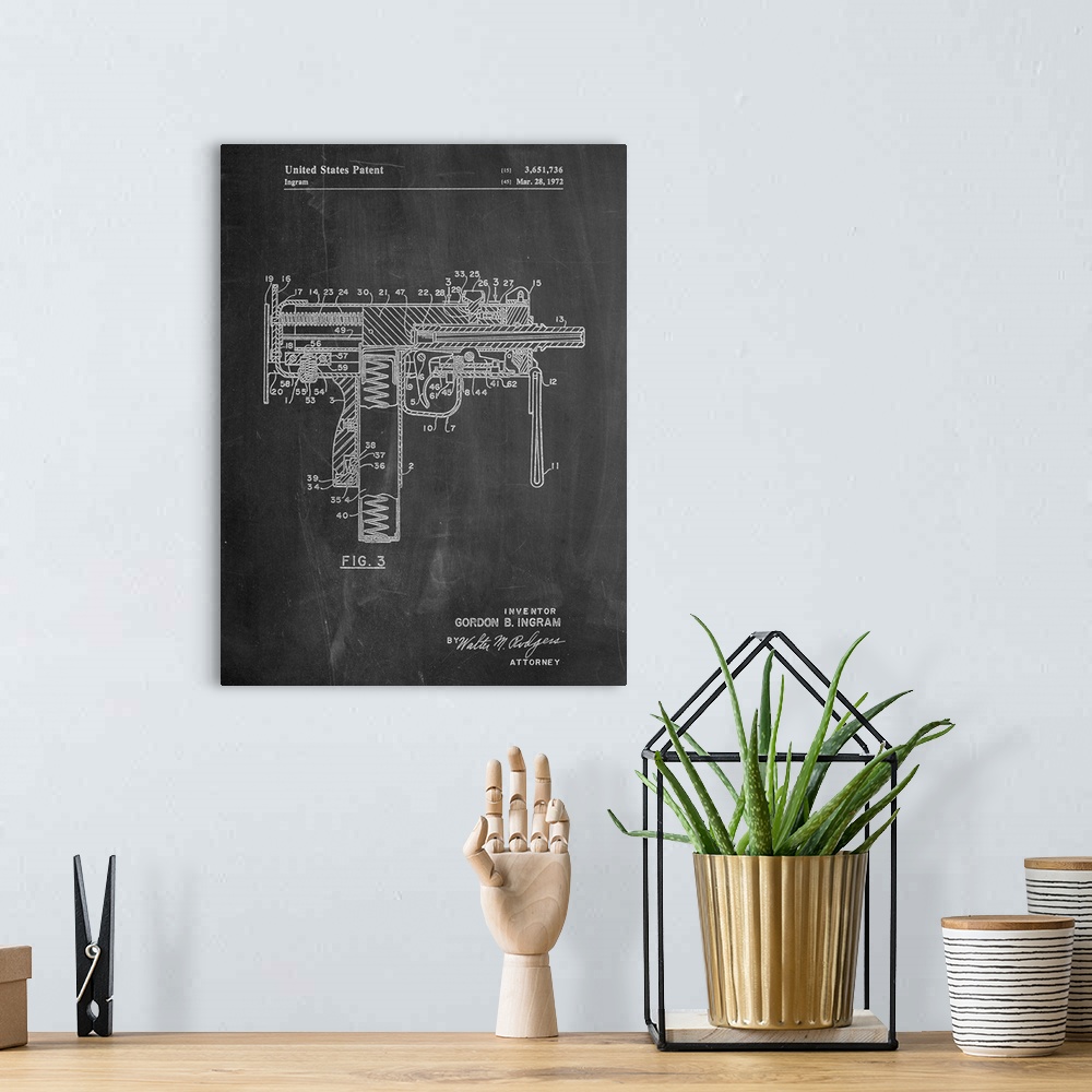 A bohemian room featuring Black and white diagram showing the parts of a machine gun.