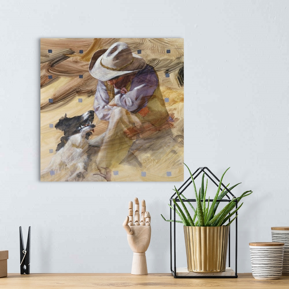 A bohemian room featuring Western themed contemporary painting of a cowboy and his faithful dog.