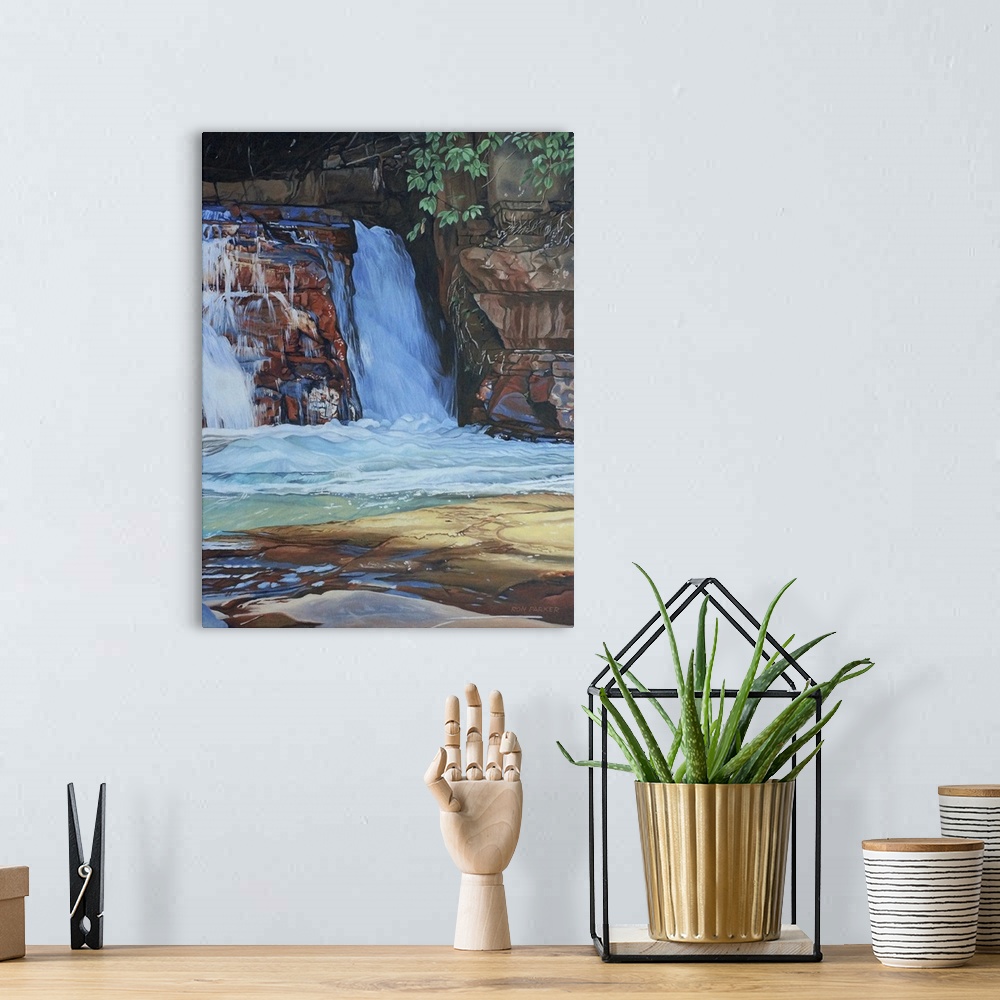 A bohemian room featuring Contemporary painting of a small waterfall pouring from rocks in a forest.