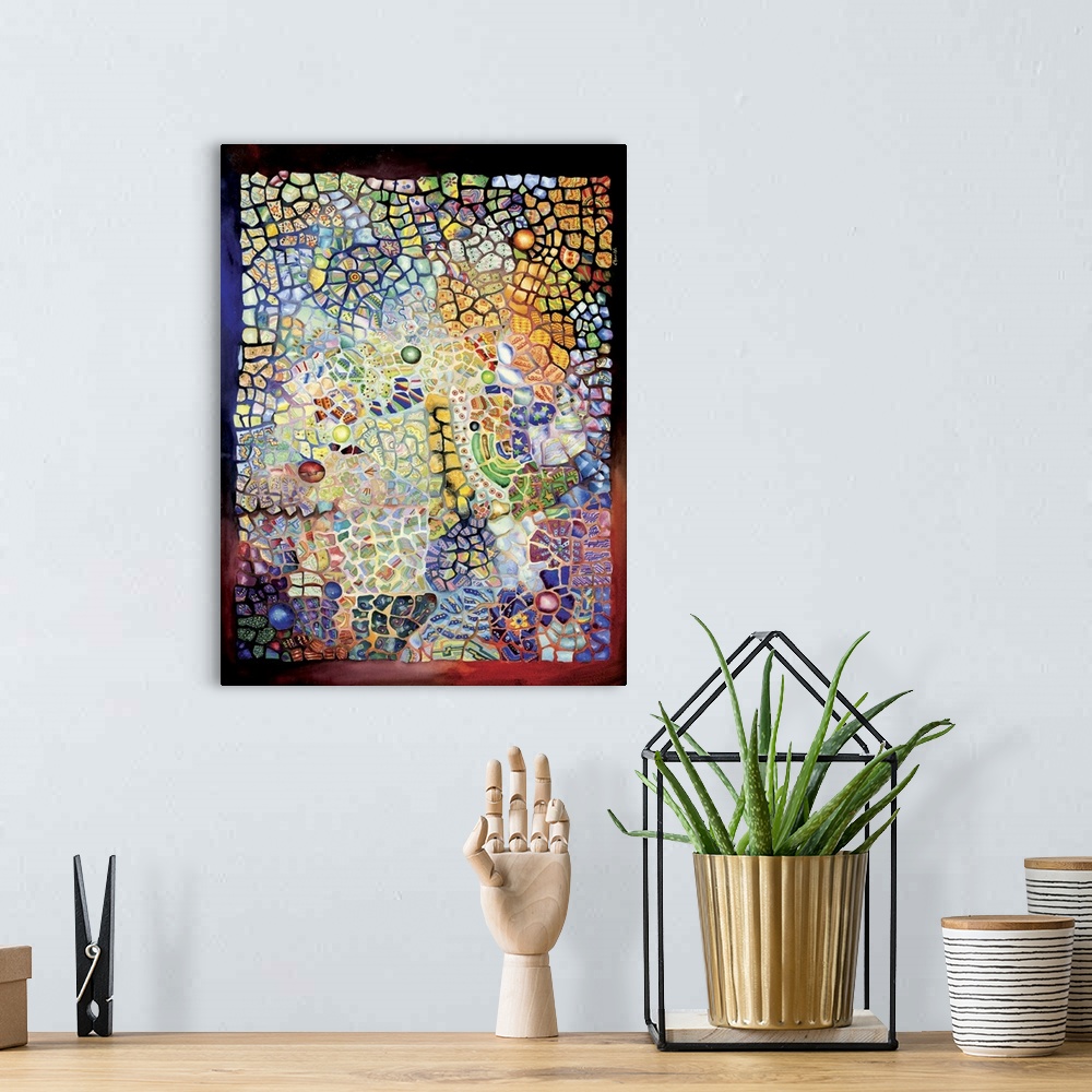 A bohemian room featuring Contemporary colorful mosaic artwork.
