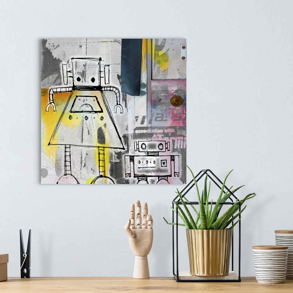 A bohemian room featuring Cute painting of a robot family made of simple lines and shapes.