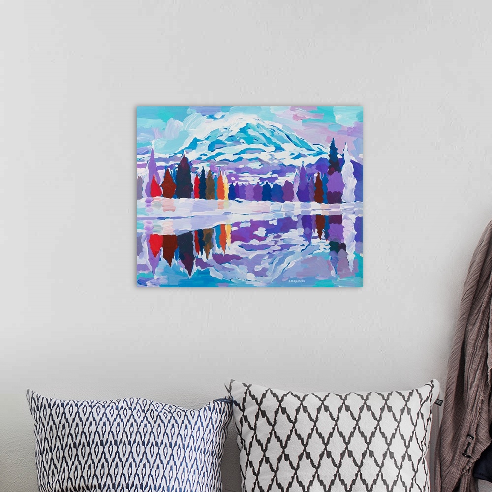 A bohemian room featuring Colorful abstract landscape with trees and mountains reflecting onto a lake.