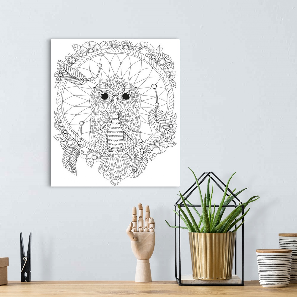 A bohemian room featuring Black and white line art of an owl perched inside a dream catcher decorated with flowers and feat...