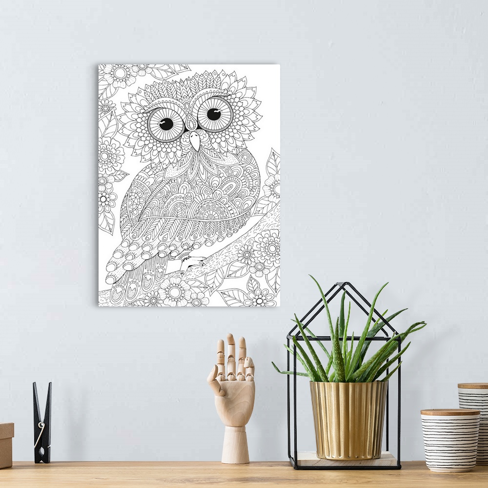 A bohemian room featuring Black and white line art of an intricately designed owl with big eyes perched on a branch and sur...