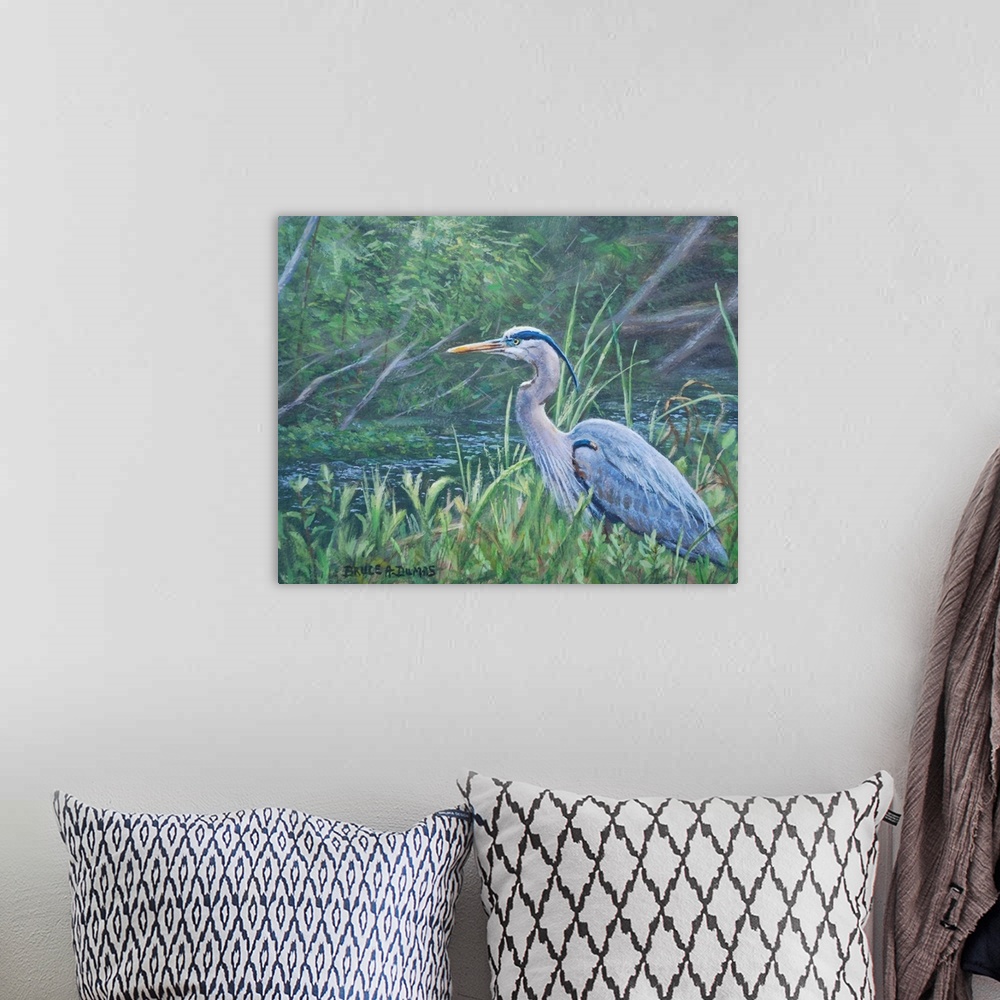 A bohemian room featuring Contemporary artwork of a great blue heron.
