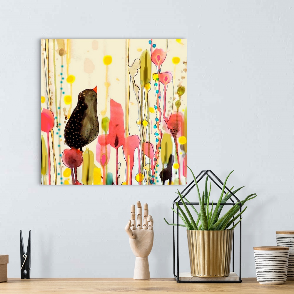 A bohemian room featuring Colorful contemporary minimalist artwork incorporating nature.