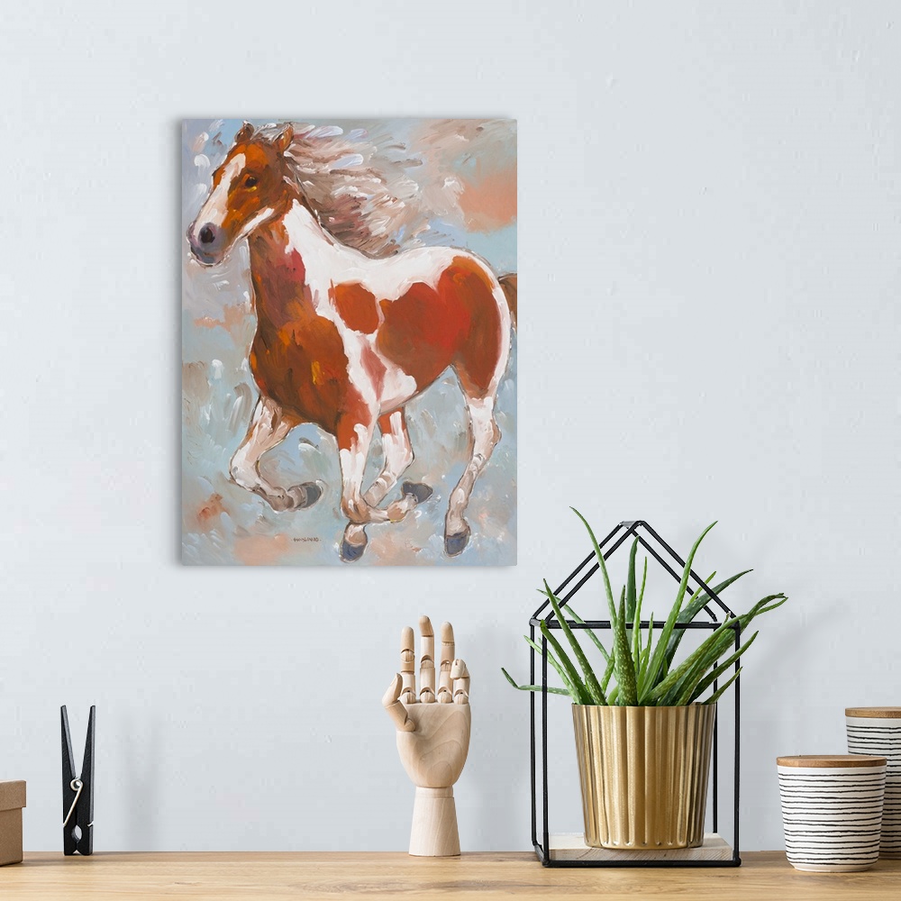 A bohemian room featuring Contemporary painting of an orange, brown, and white galloping horse on a colorful pastel backgro...