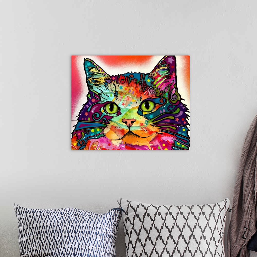 A bohemian room featuring Large illustration displays the head of a cat that has been decorated in a variety of extremely v...