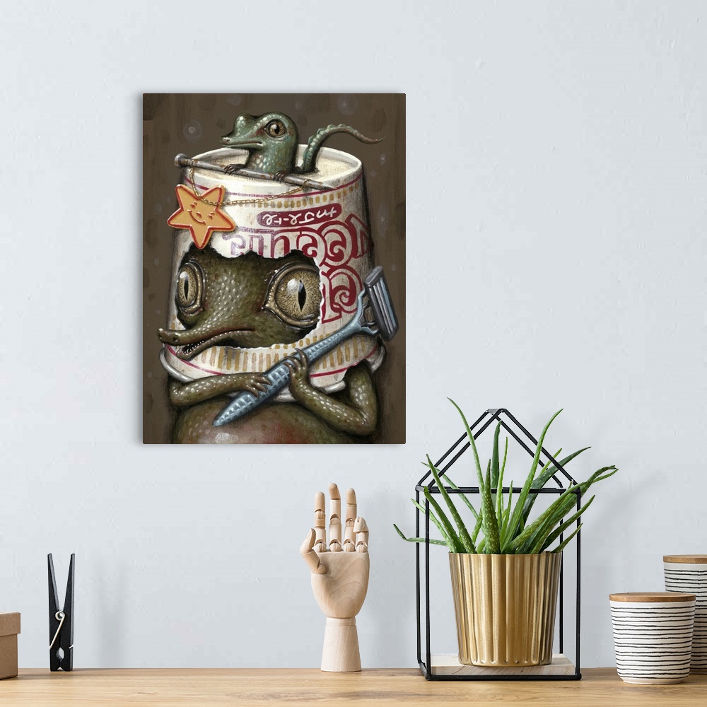 A bohemian room featuring Surrealist painting of an alligator wearing a cup-o-noodles container for a hat and holding a dis...