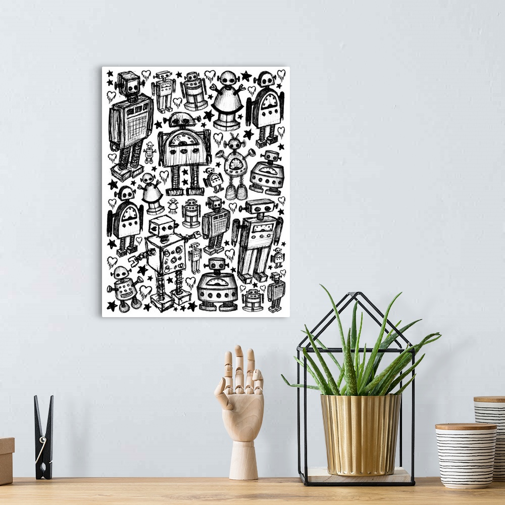 A bohemian room featuring Cute painting of several robots made of simple lines and shapes.