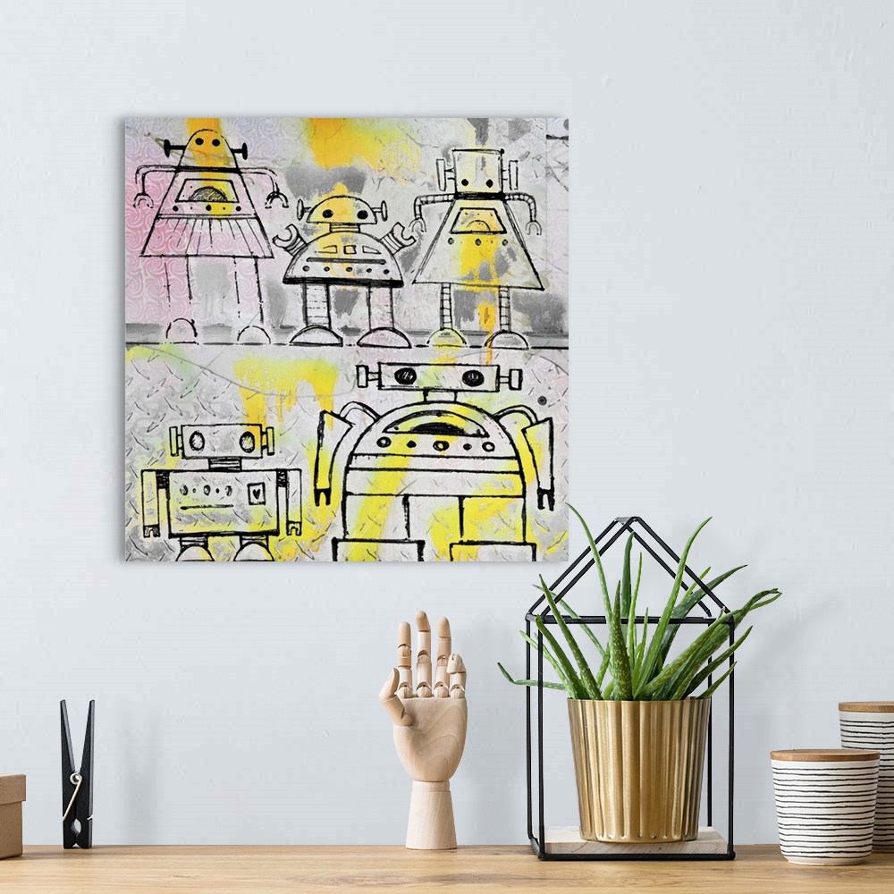 A bohemian room featuring Cute painting of a robot family made of simple lines and shapes.