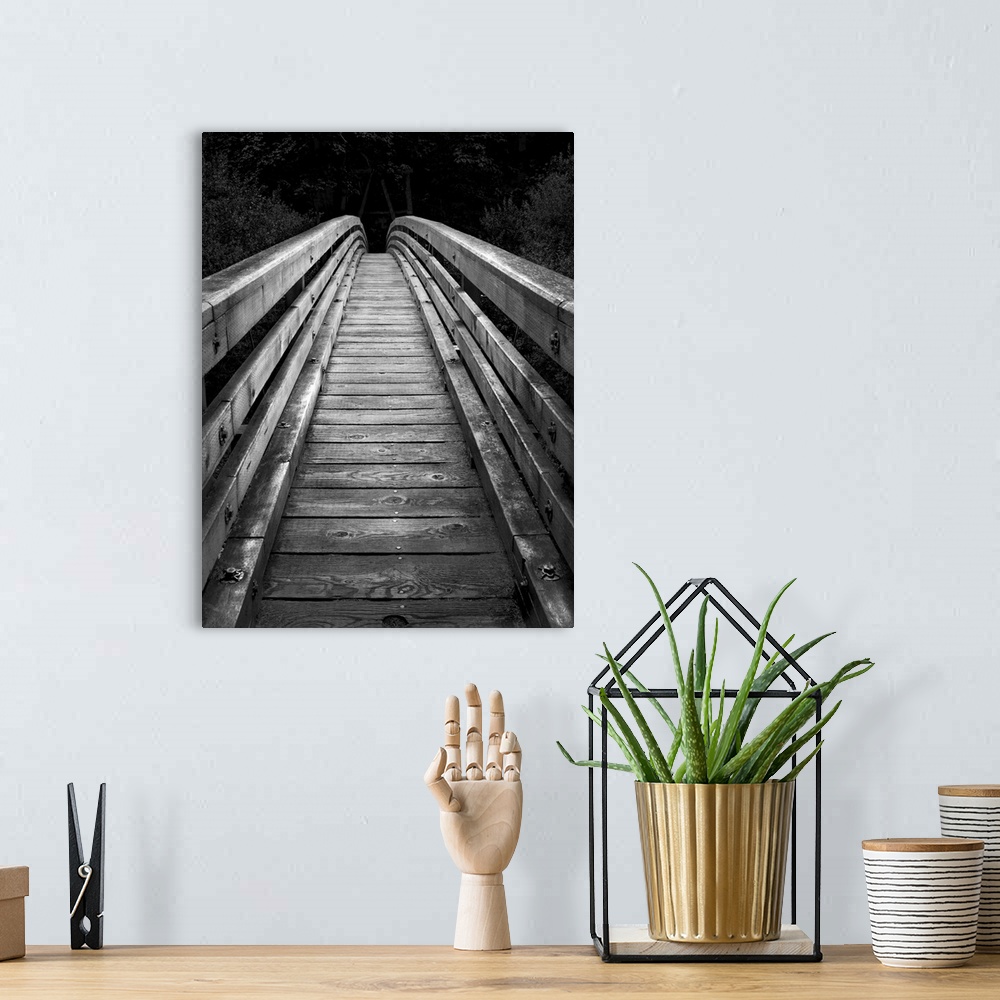 A bohemian room featuring An artistic black and white photograph of of a wooden bridge with a narrow walk leading into dark...